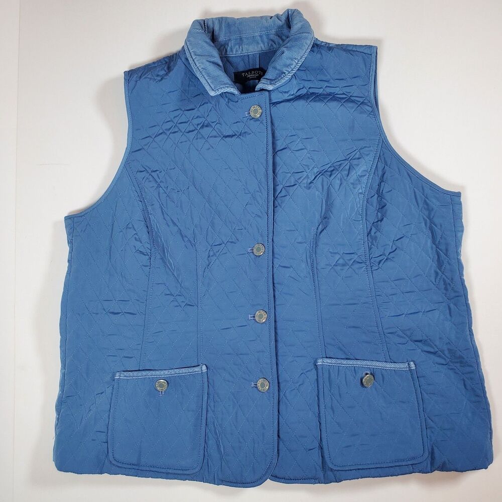 Talbots Women’s Quilted Vest Size XL Blue Fleece Lined InsulatCorduroy Trim Full